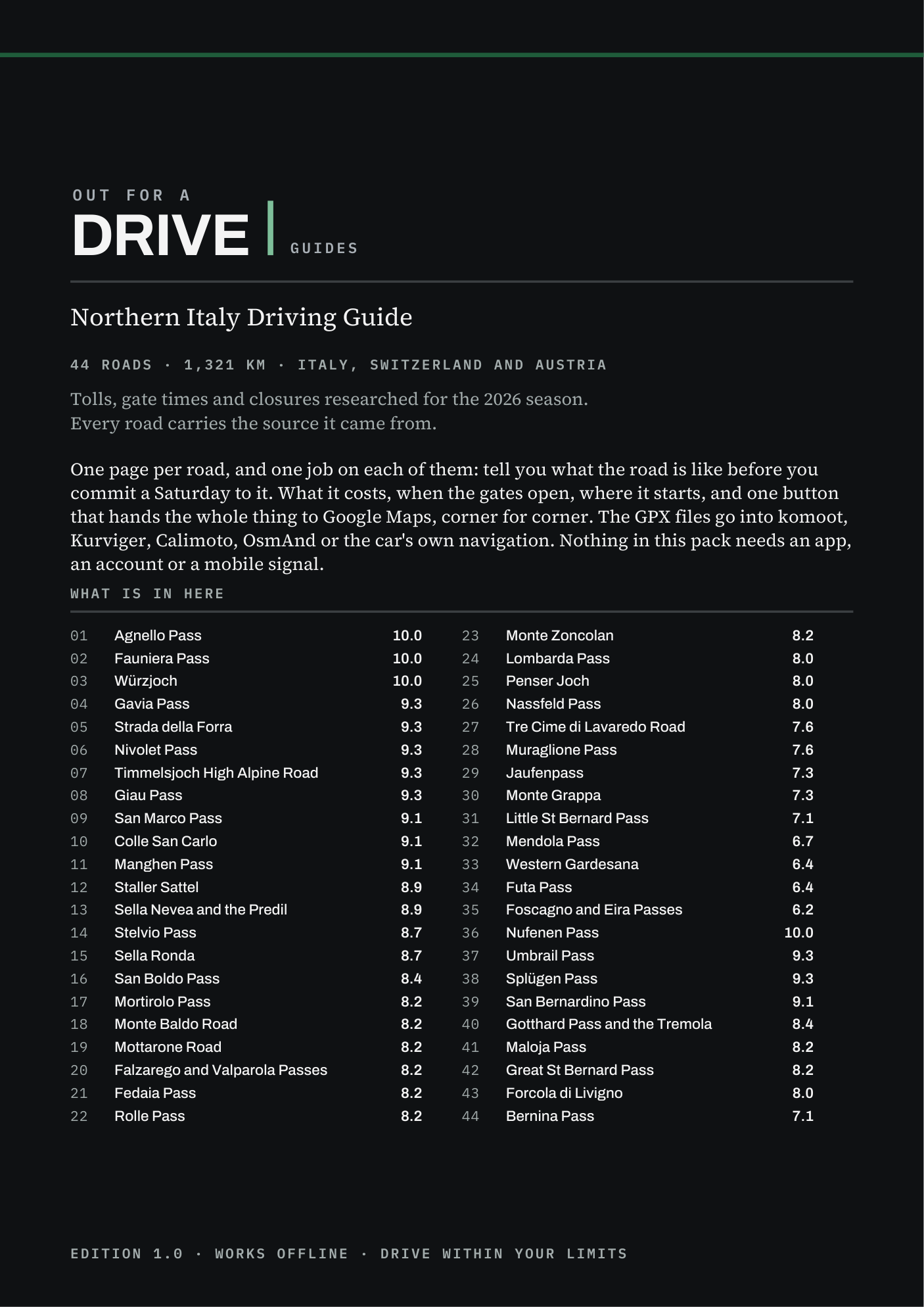 Page 1 of the Northern Italy Driving Guide: its cover and contents