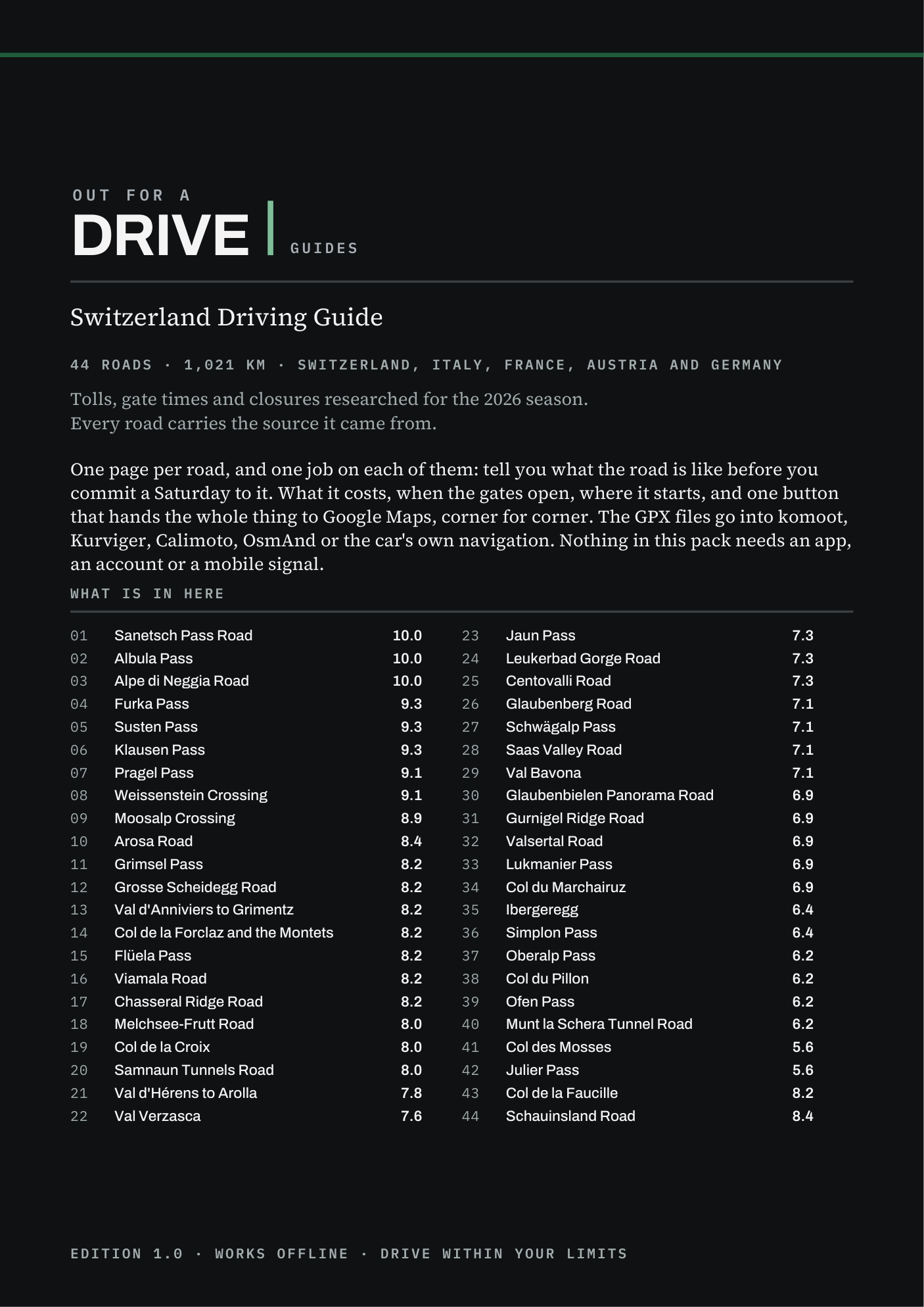 Page 1 of the Switzerland Driving Guide: its cover and contents