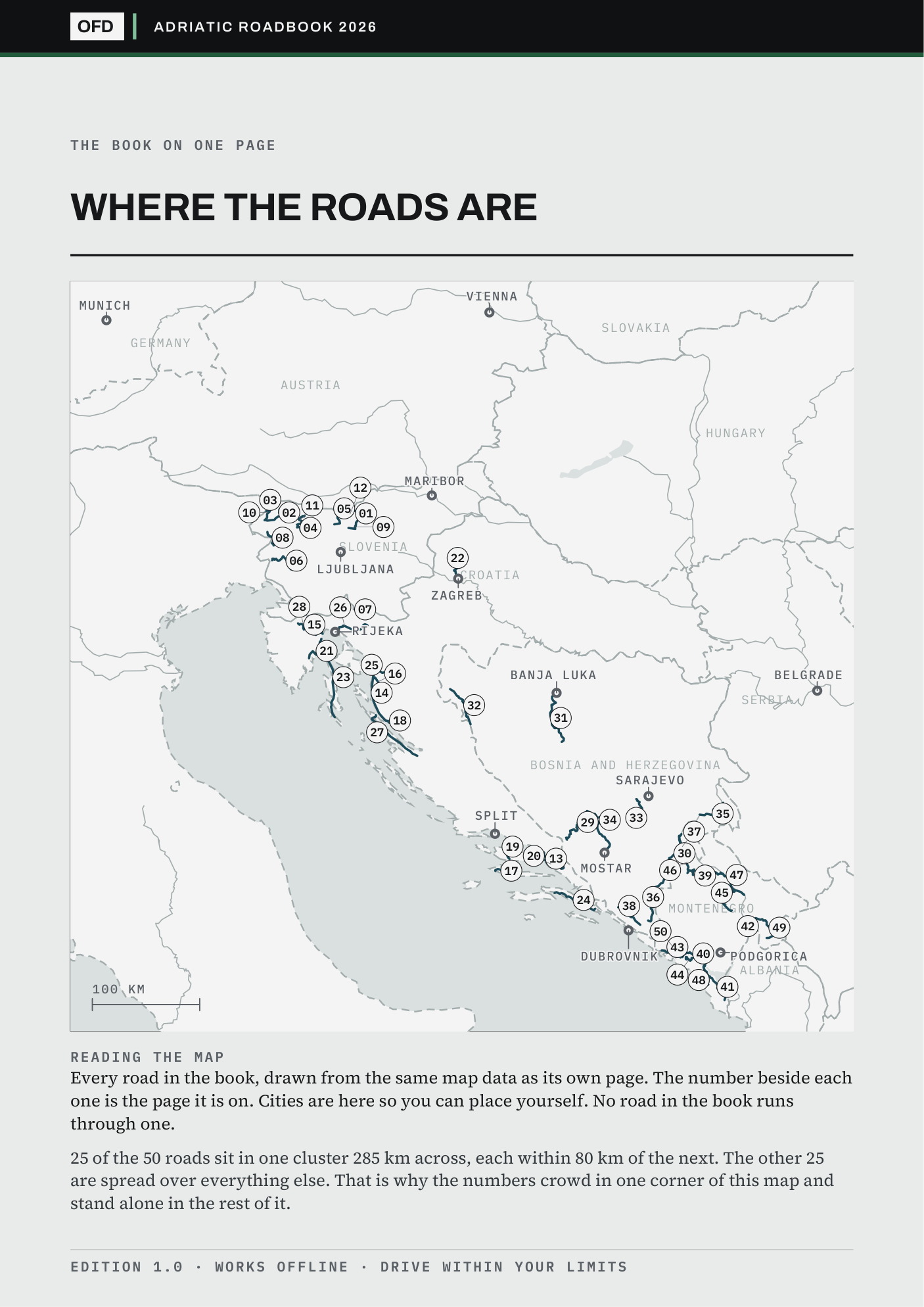 Page 2 of the book: every road on one plate, each marked with the page it is on, over country outlines