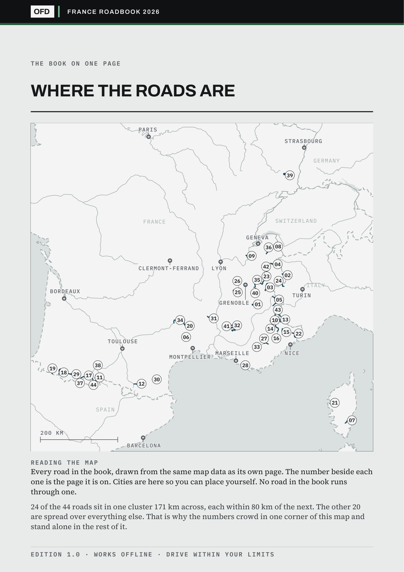 Page 2 of the book: every road on one plate, each marked with the page it is on, over country outlines