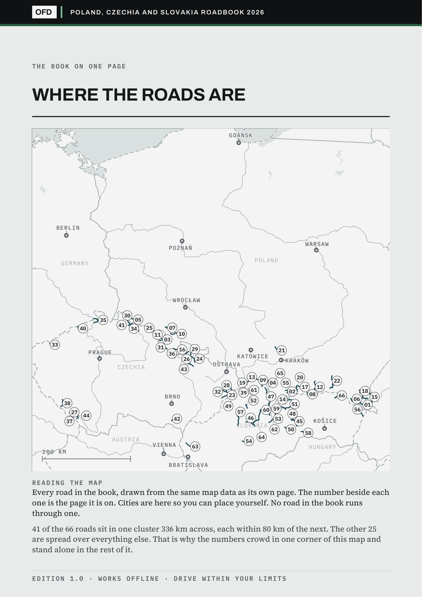 Page 2 of the book: every road on one plate, each marked with the page it is on, over country outlines