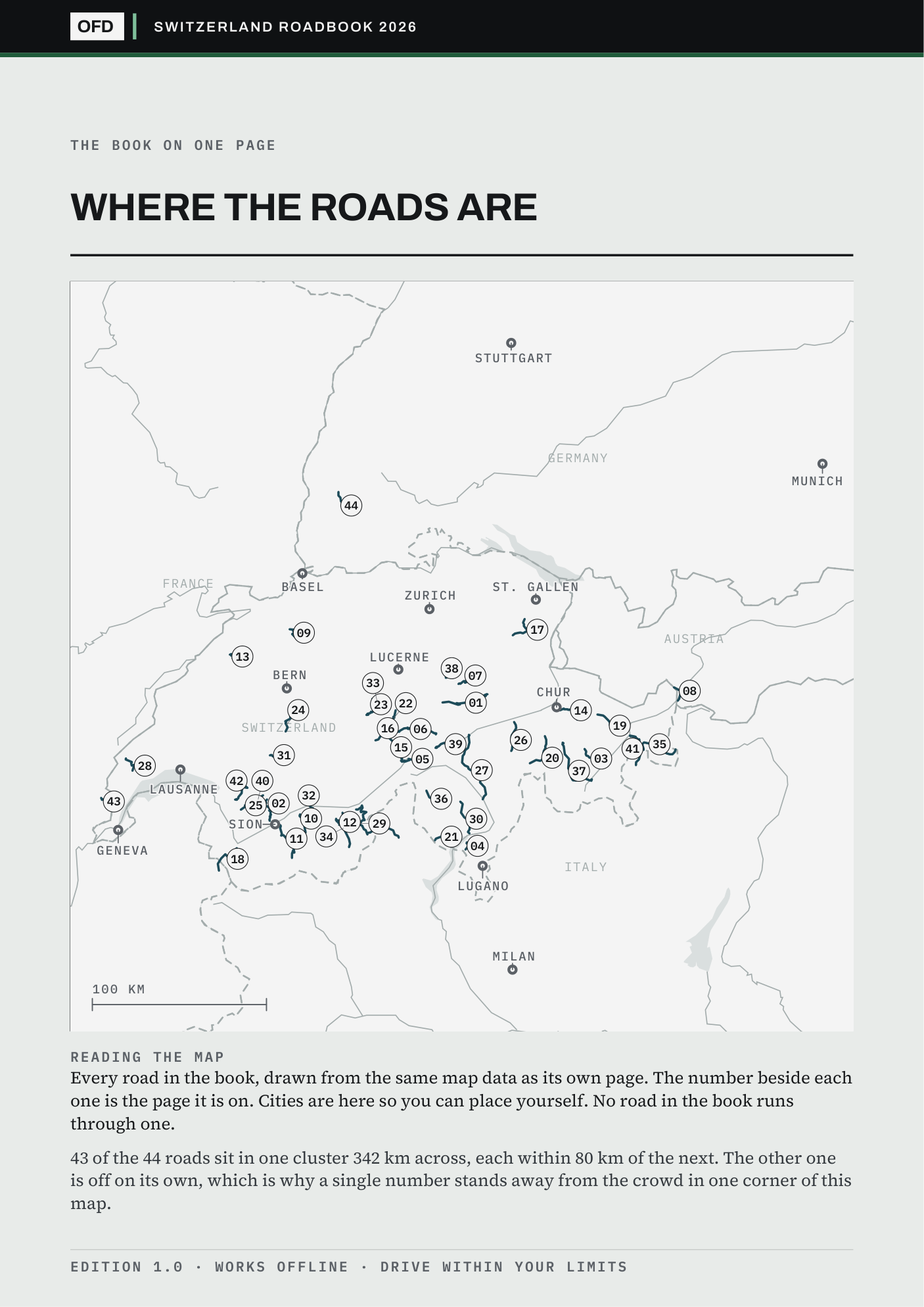 Page 2 of the book: every road on one plate, each marked with the page it is on, over country outlines