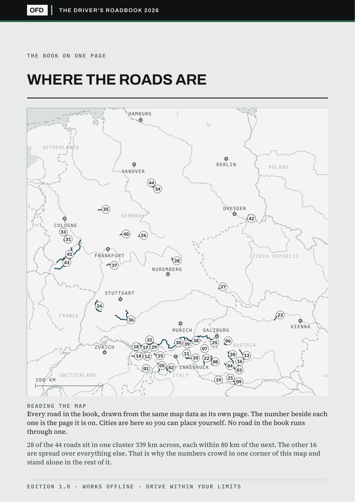 Page 2 of the book: every road on one plate, each marked with the page it is on,
        over country outlines, lakes and rivers