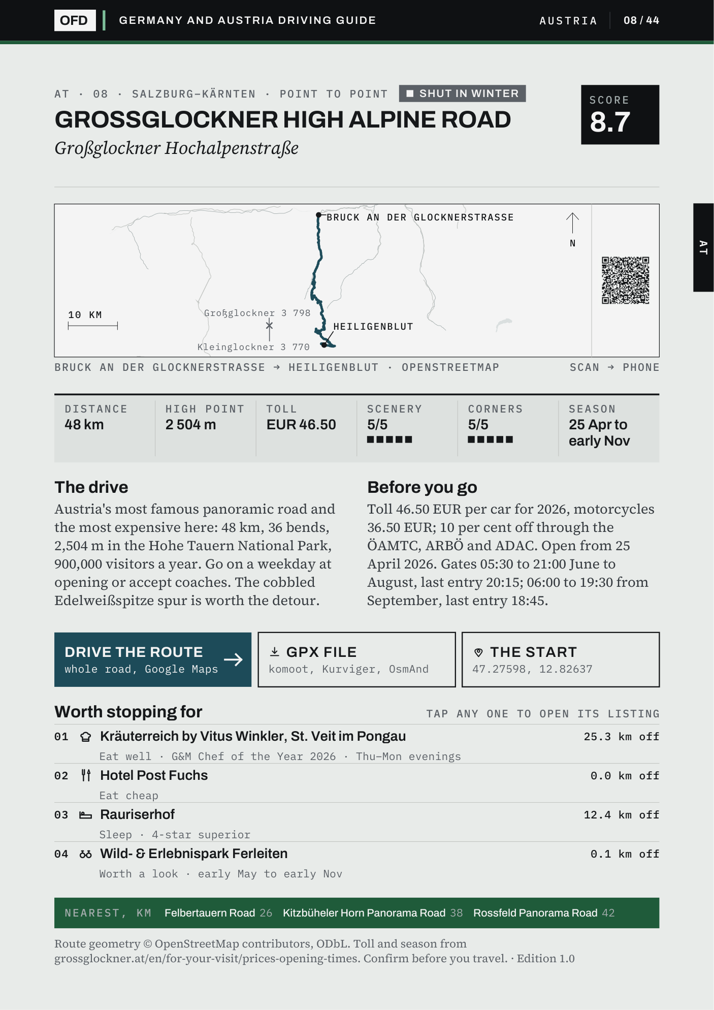 Road 08 of 44 in the Germany and Austria guide: Grossglockner High Alpine Road, with its route, toll, season and stops